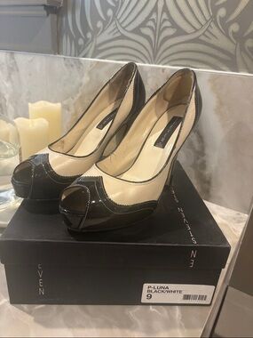 Steven By Steve Madden Black and White Peep-Toe Platform Pumps